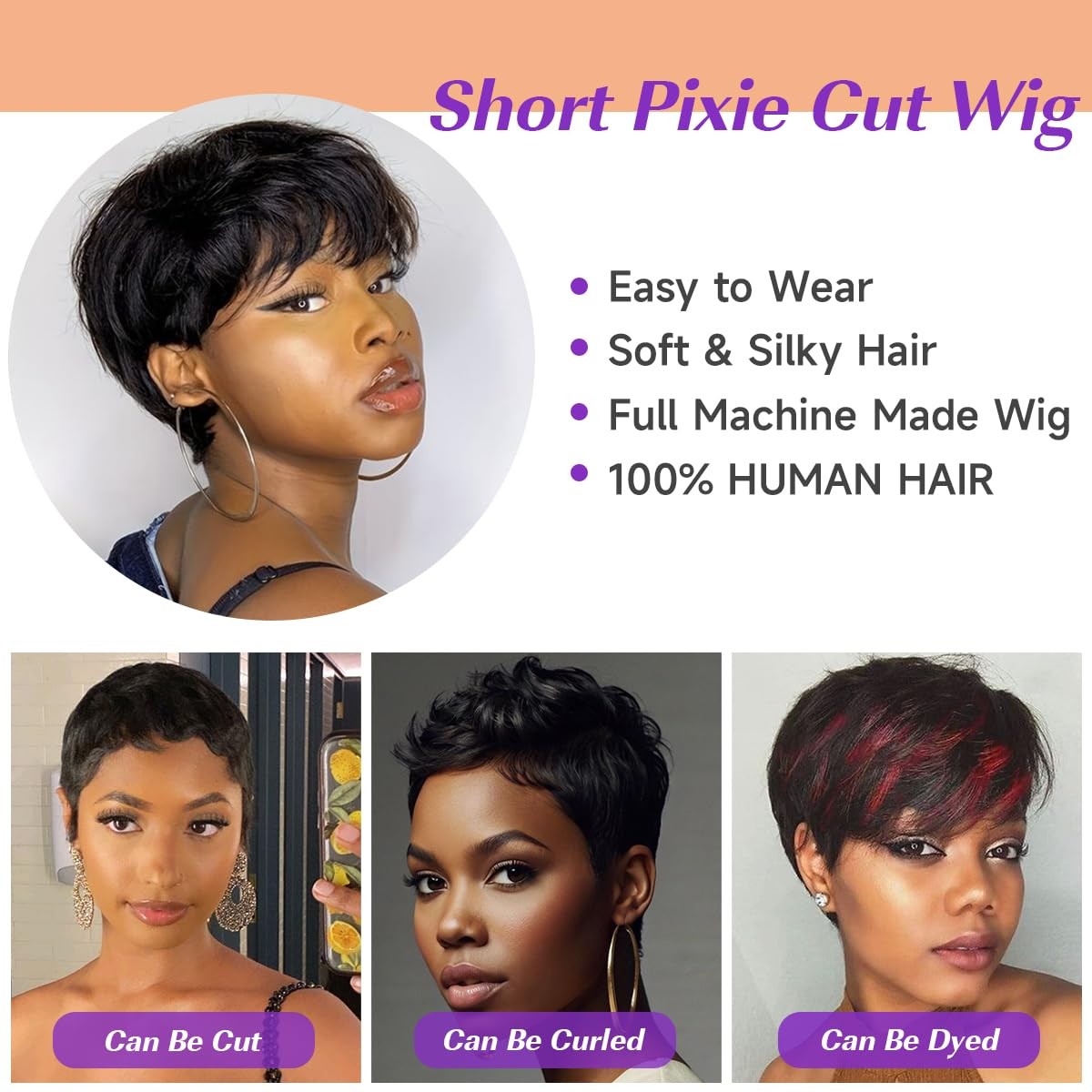 Pixie Cut Wig Human Hair Short Straight With Bangs Full Machine Made Brown