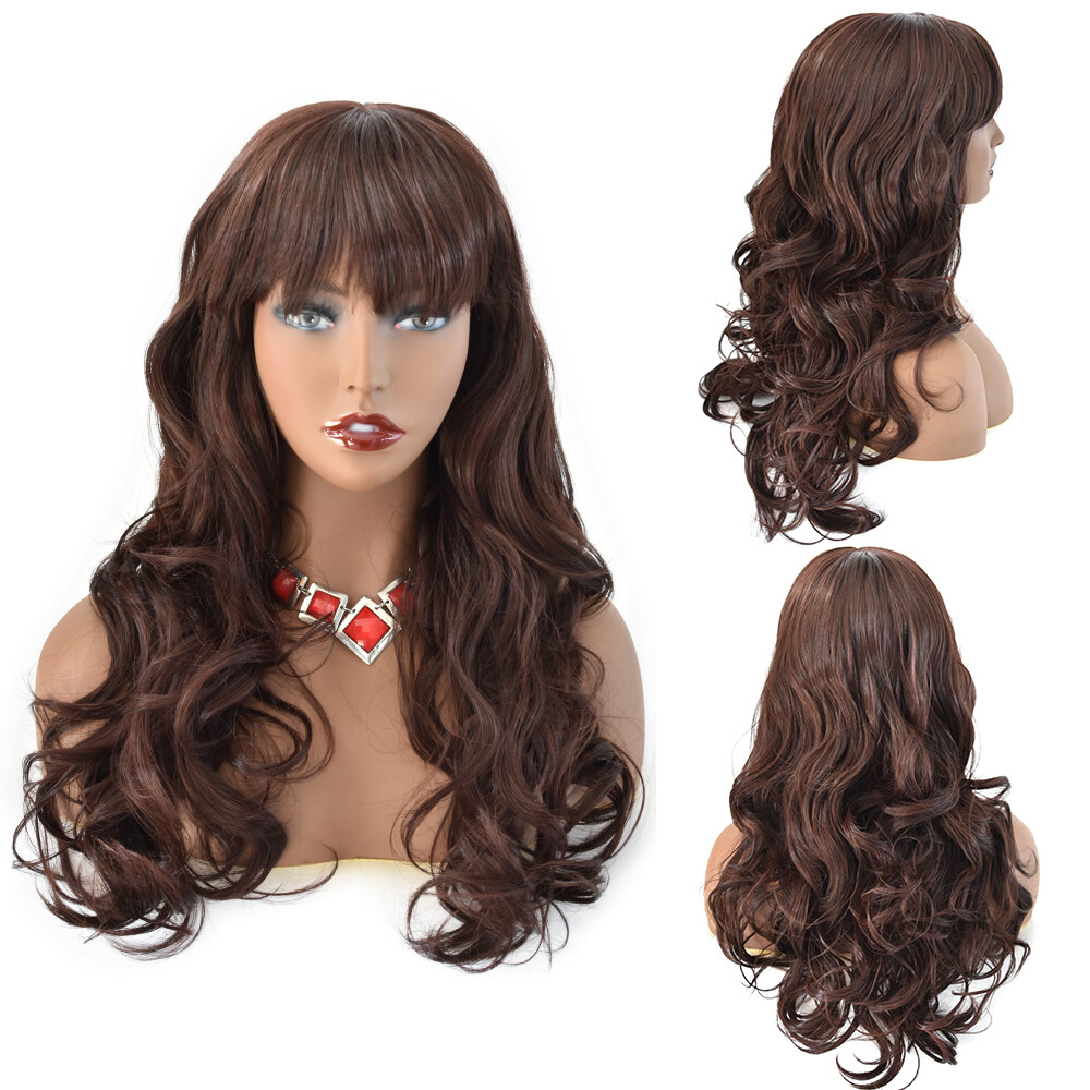 Women Synthetic Wig Long Wavy Hair with Bangs Machine Made Full Cap Glueless Wig