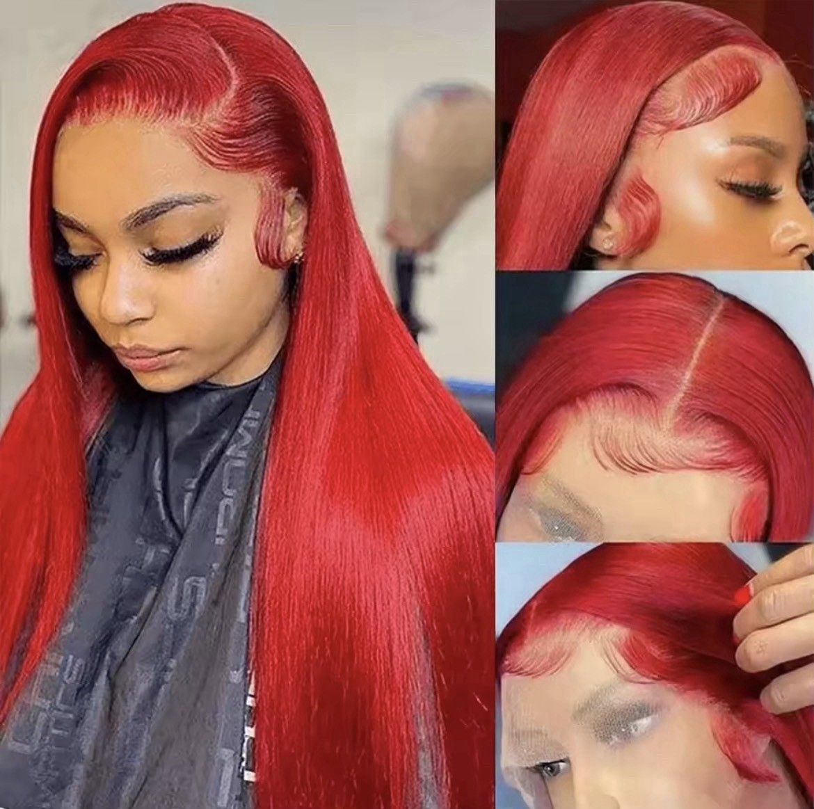 Glueless Lace Front Wig Straight Red Middle Part Pre-Plucked Bleached Knots