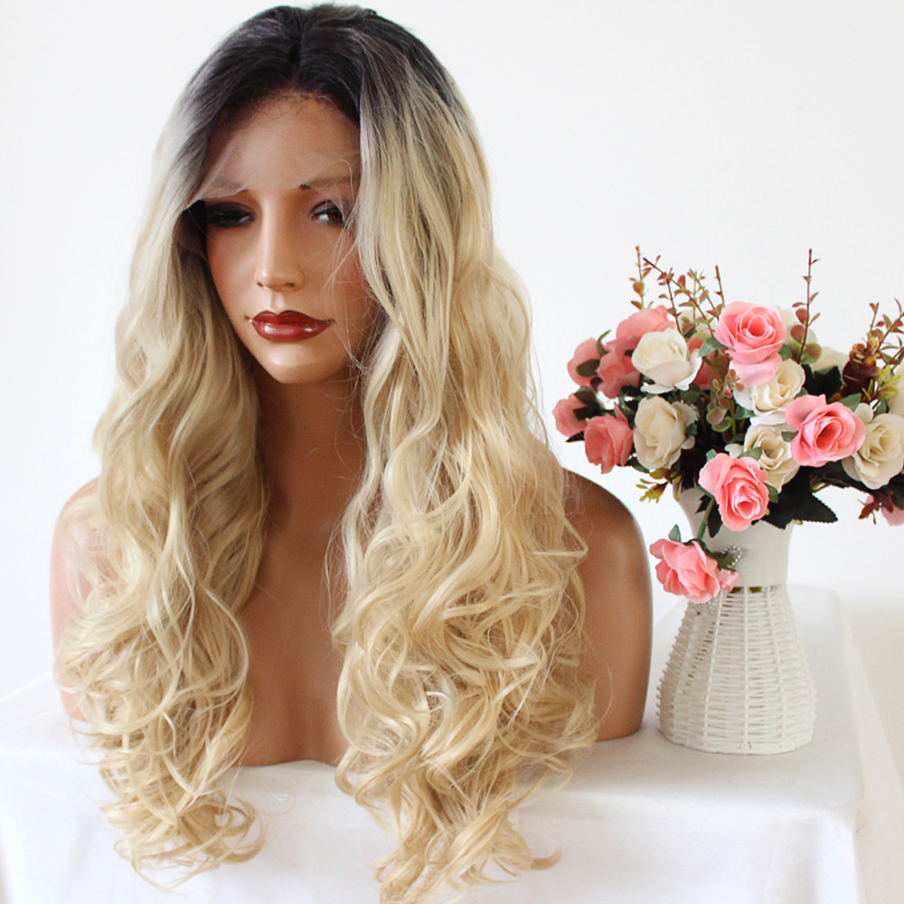 Black Blonde Ombre Synthetic Lace Front Wig Long Full Women’s Wigs Fashion Wavy