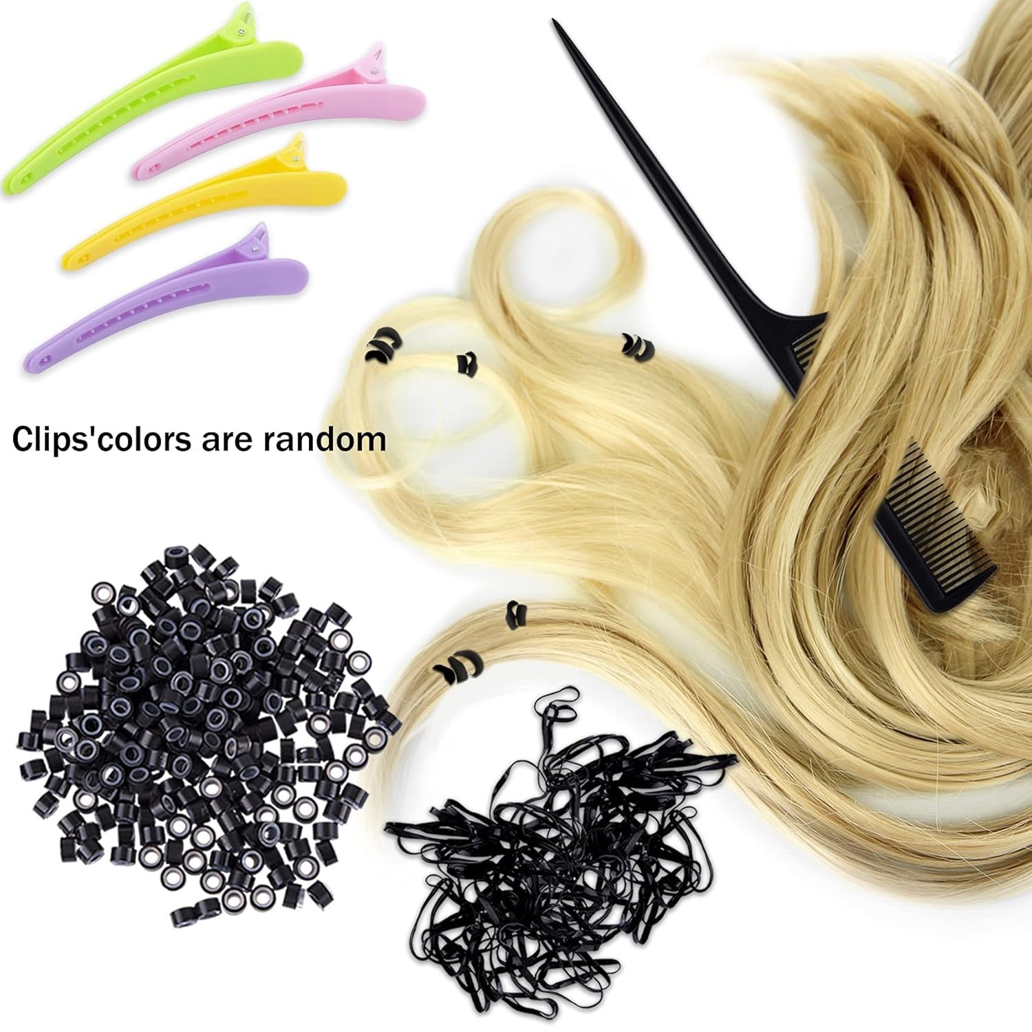 Hair Extension Kit w/ 500 Micro Beads, Tools, Clips, Comb & Rubber Bands
