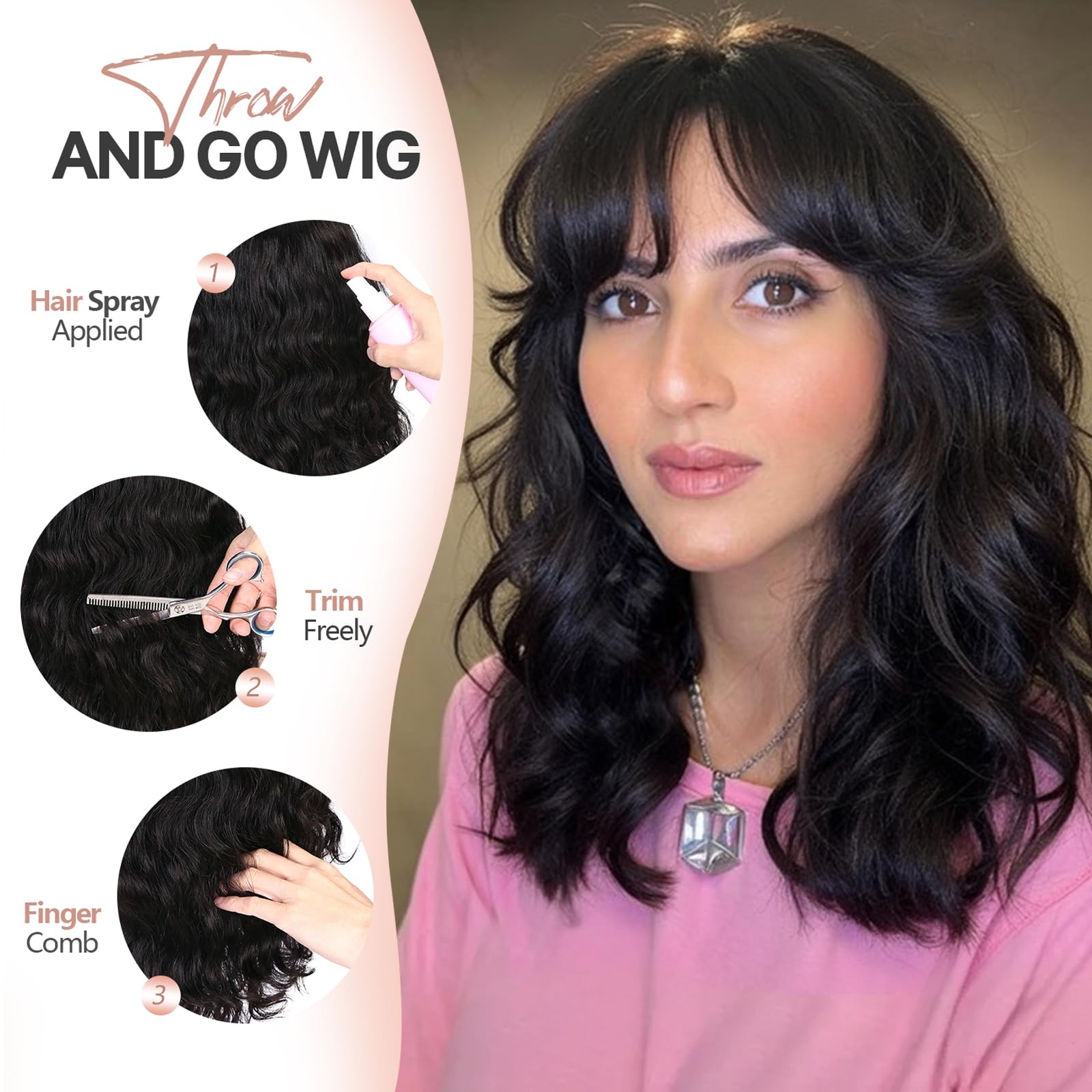 Wiger Black Natural Wave Bang Wigs For Women Human Hair Curly Wig Bangs None