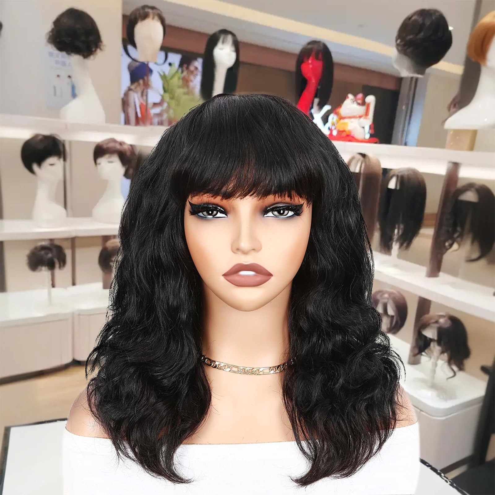 Wiger Black Natural Wave Bang Wigs For Women Human Hair Curly Wig Bangs None