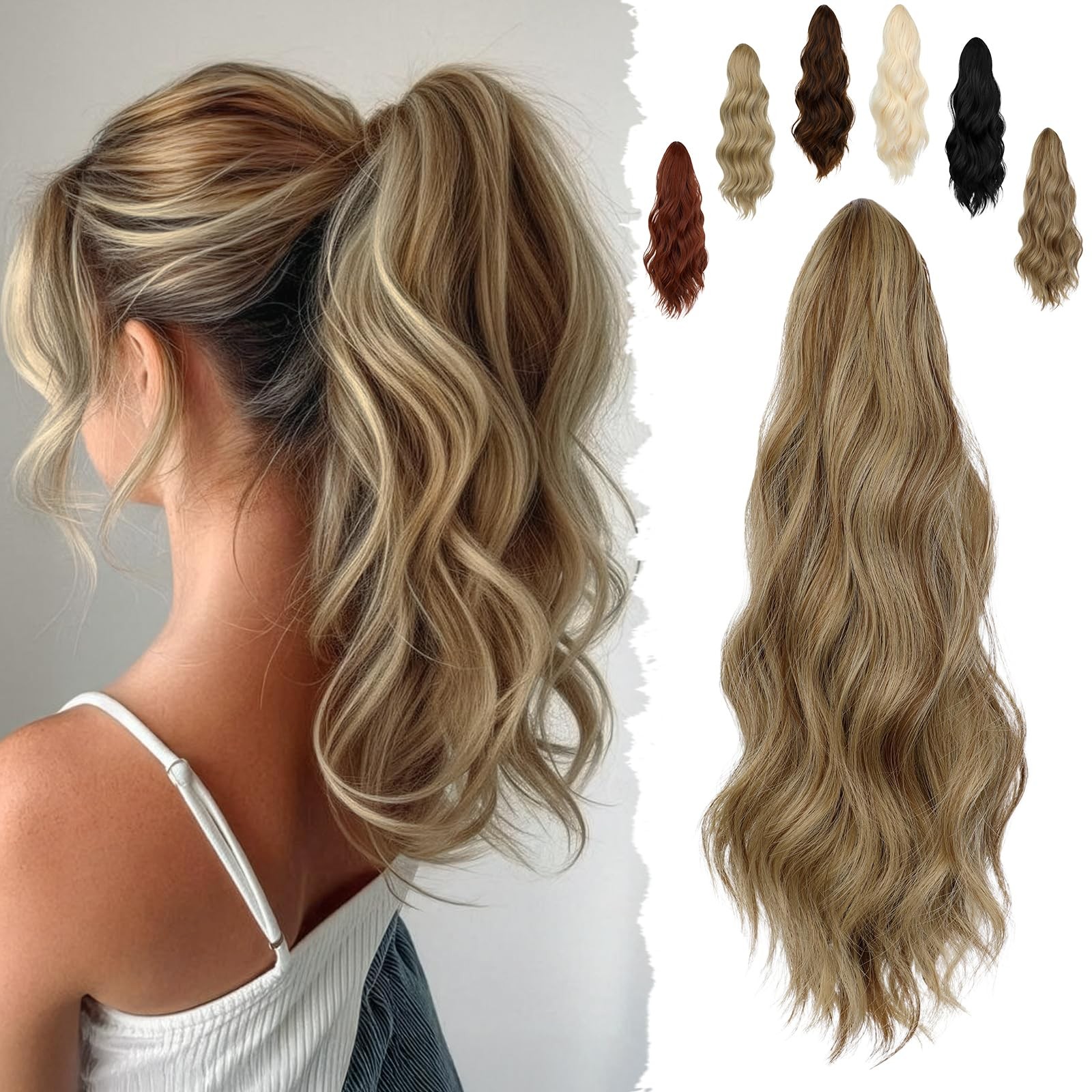 FELENDY 16″ Ponytail Extension Long Curly 16 Inch, Light Brown mix Ash Blonde
