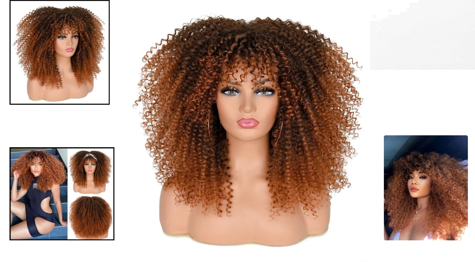 16-Inch Glueless Afro Curly Wig with Bangs – Black to Brown Heat-Resistant Style