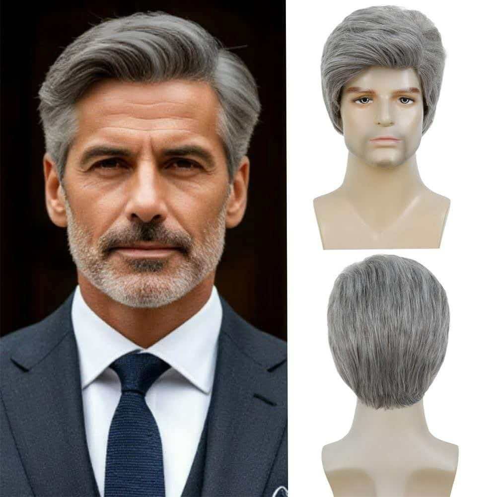 Men’s 8in Short Silver Gray Wig Full Heat Resistant Synthetic Cosplay Party