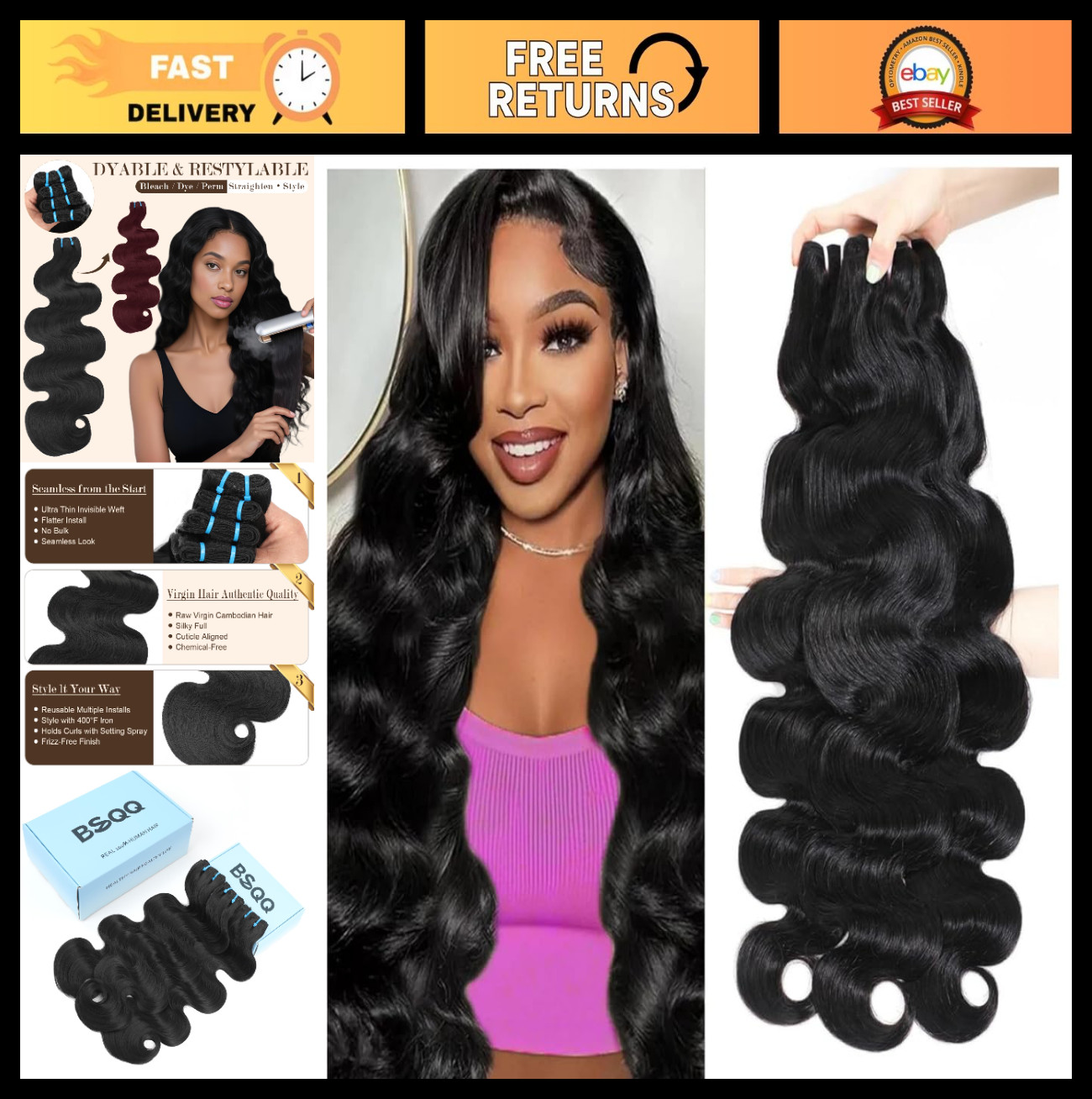 16A Body Wave Human Hair Bundles 100% Raw 26-30 Inch, No Tangle, Thick Weave, Re