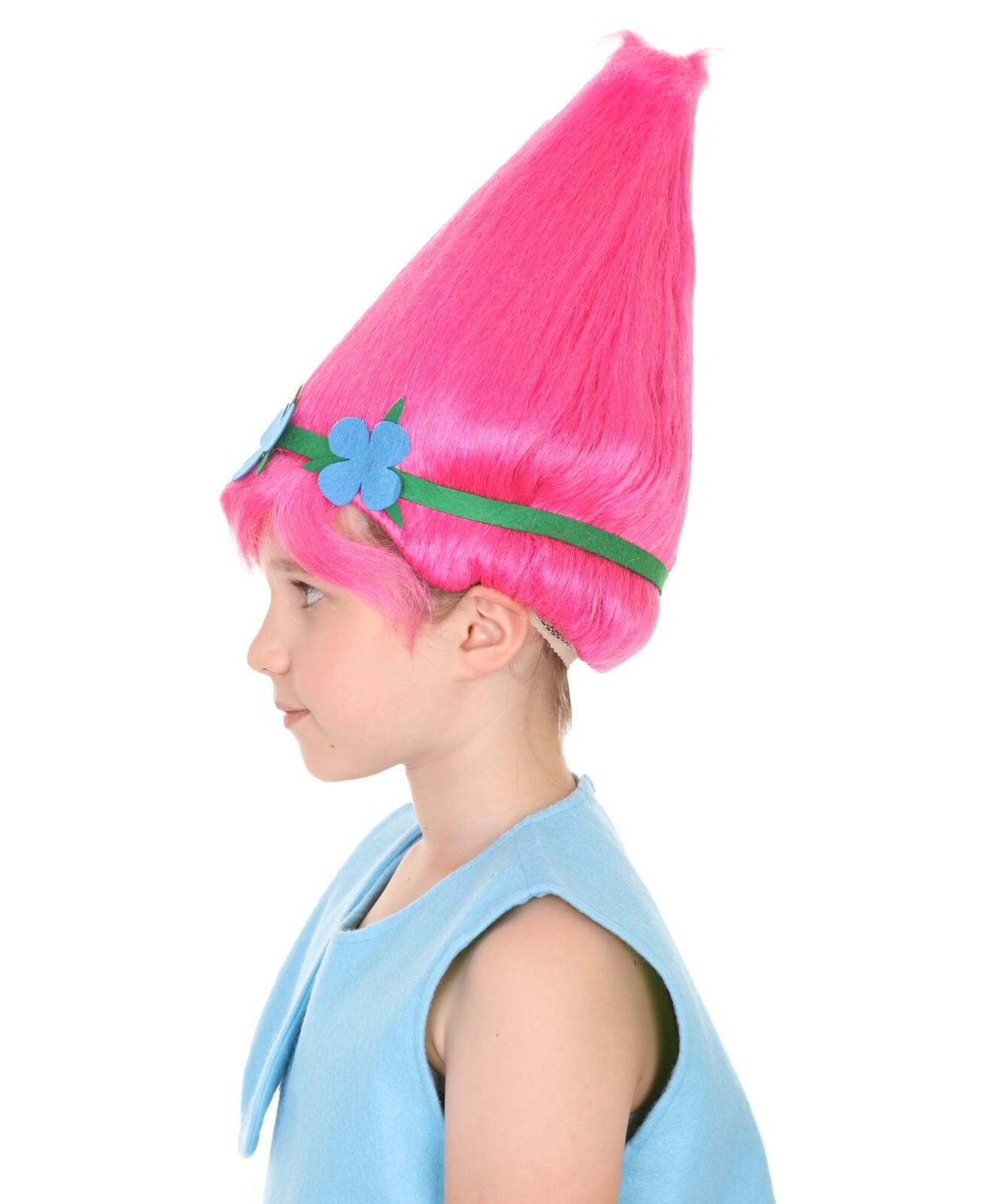 HPO Princess Poppy Troll Wig | Pink Pointy Wig With Green And Blue Felt Flower