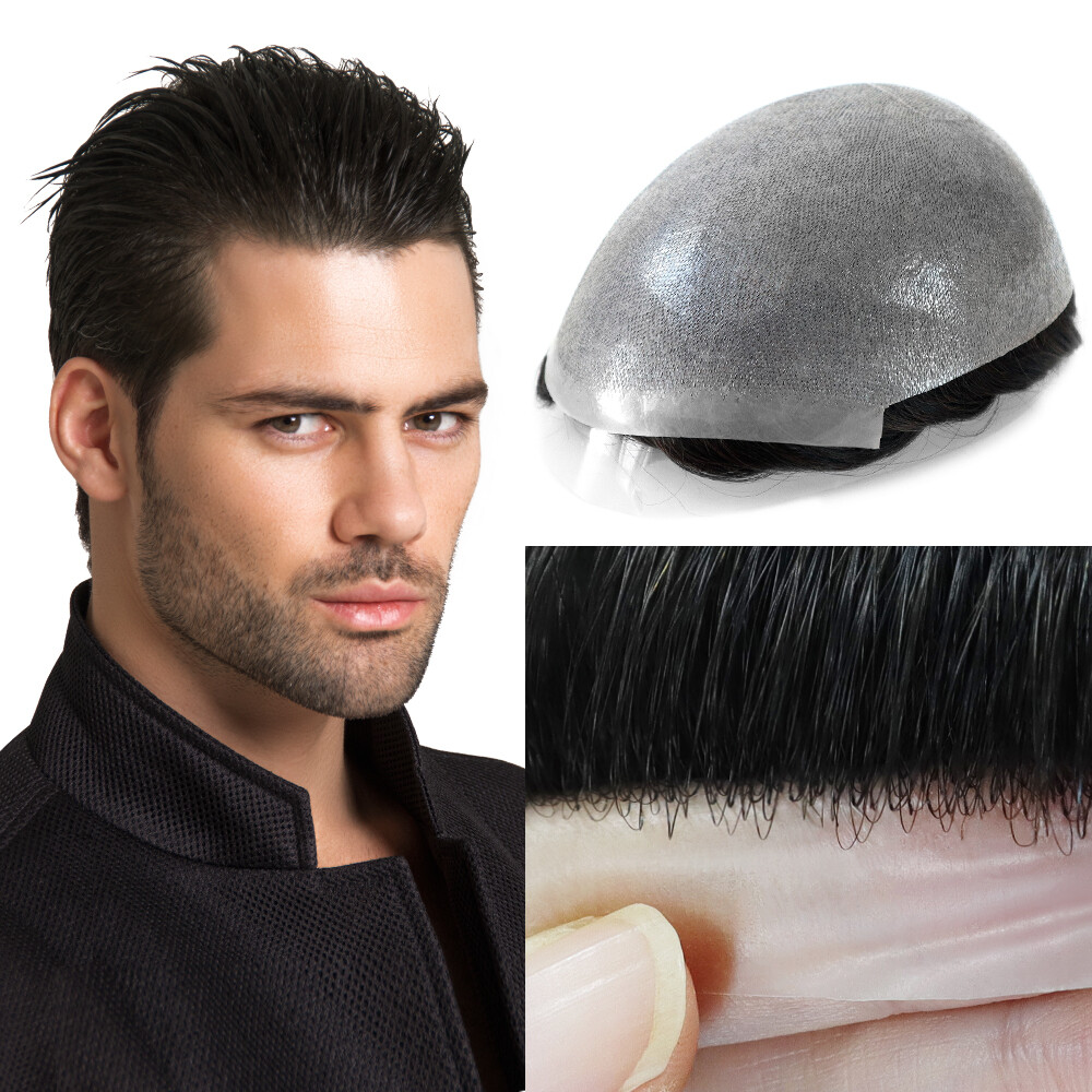 Mens Thin Skin V Looped Human Hair Replecement System Natural 0.08mm Hairpieces