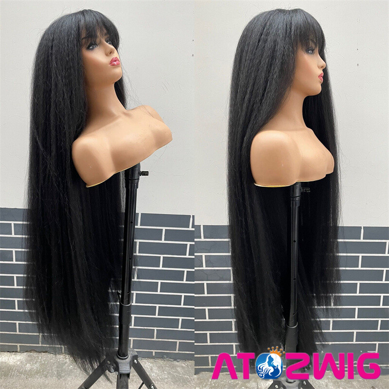 48 inch Long Kinky Straight Ash Blonde Wig with Full Bangs Fashion Party Wigs
