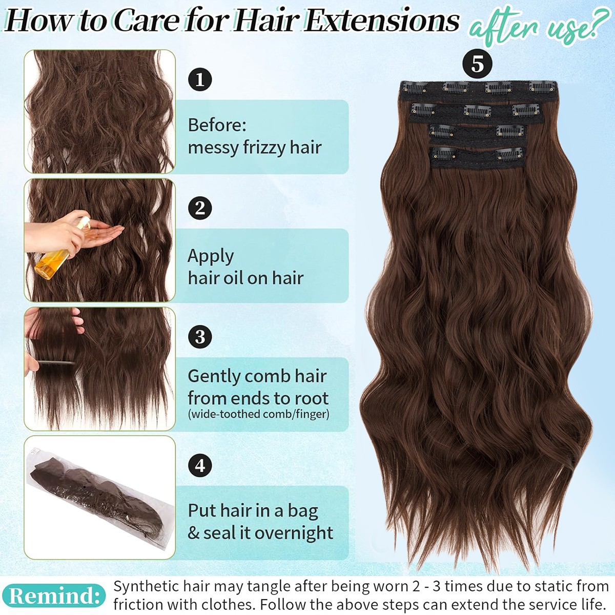 20/24″ Clip in Hair Extensions 4 Pieces Long Wavy Synthetic Hairpieces Lace Weft