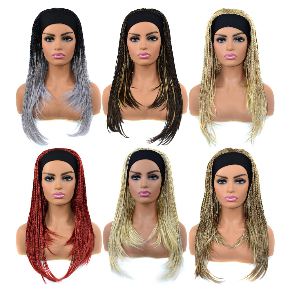 18 Inch Ombre Braided Wig with Headband Wrap Band Box Braids Wig for Black Women