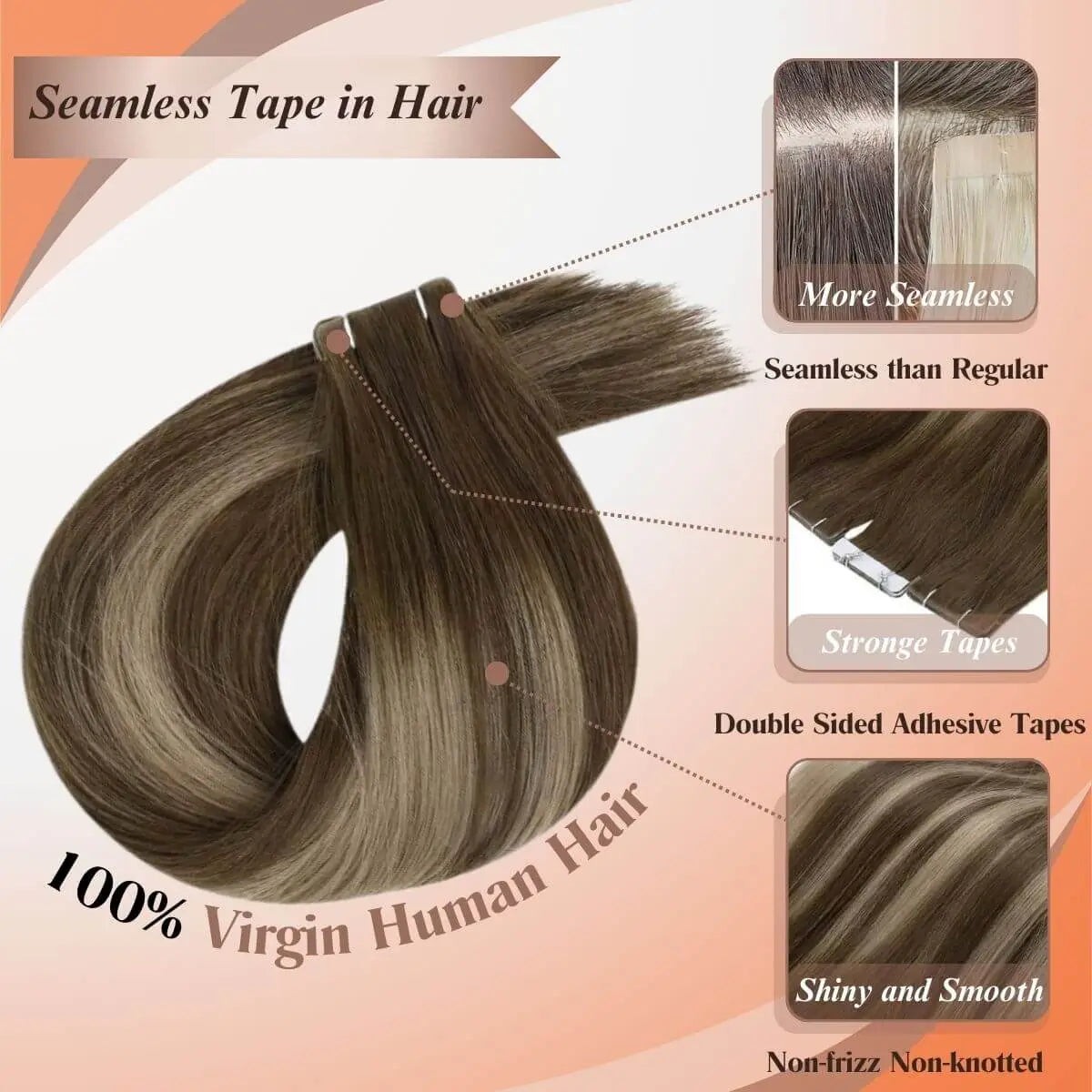 Sunny Hair TAPE-IN 16in Brown/Blonde Straight Human Hair Extensions TP_P4-27 50G