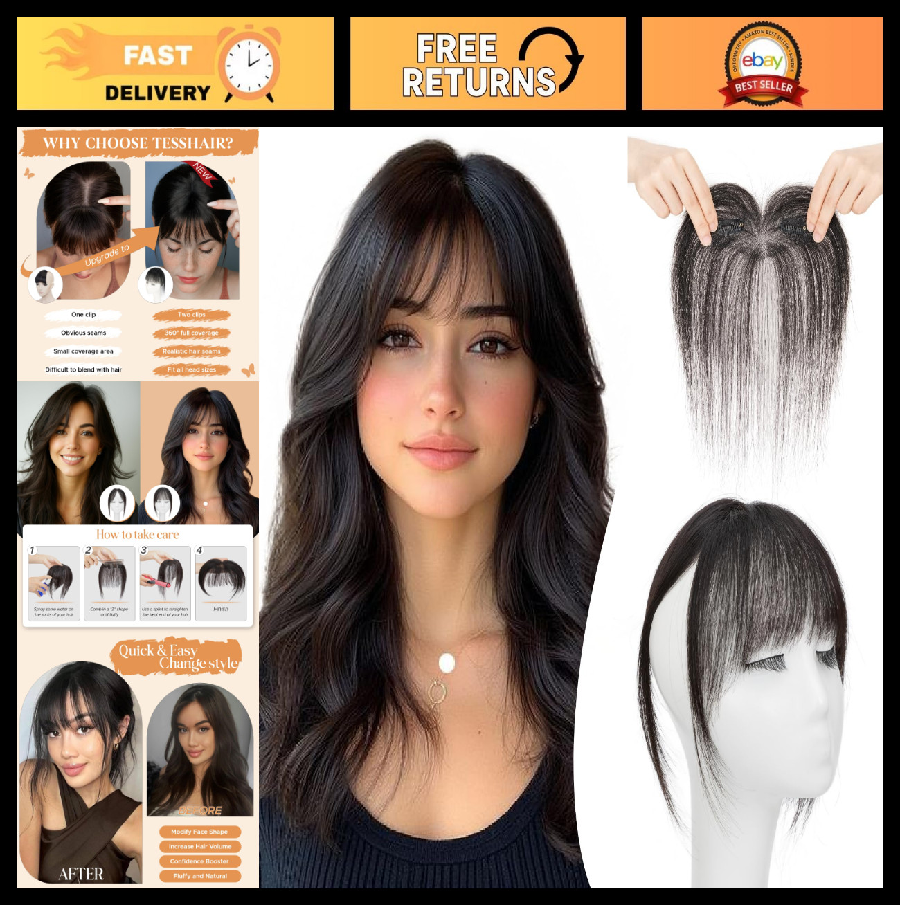 Natural Black Wispy Bangs Clip-In Human Hair Piece, No Tangle & Smooth 11g