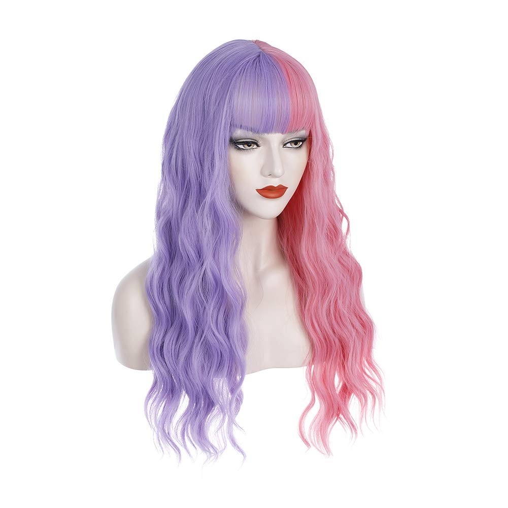 Purple and Pink Wig Long Curly Wig with Bangs Half Color Wigs for Women Girls…