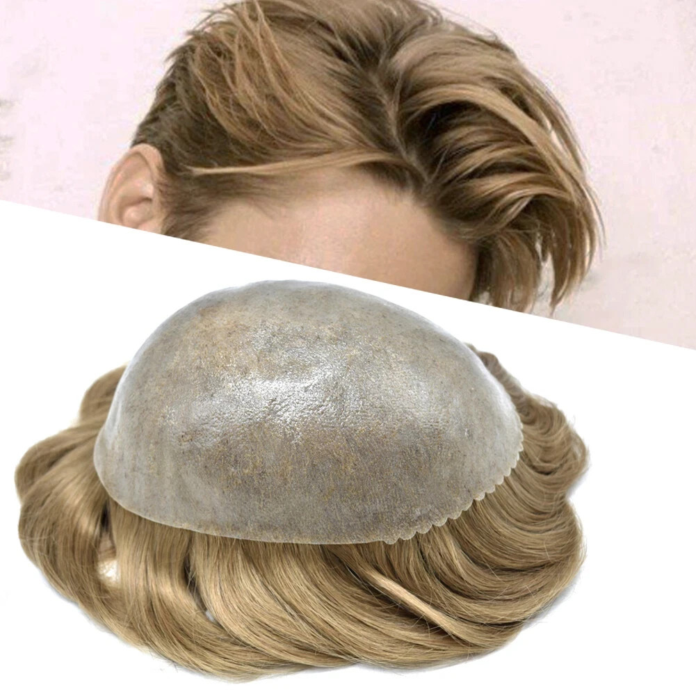 Mens Toupee Human Hair Systems Full Poly Thin Skin Hair Piece Replacement US