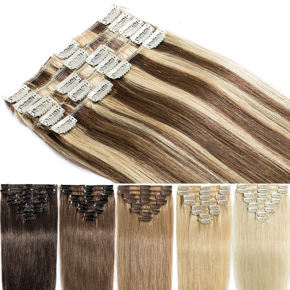 AAAA Bleach White Clip In Real Human Hair Extensions 8″-24″ 8PCS Full Head 100g