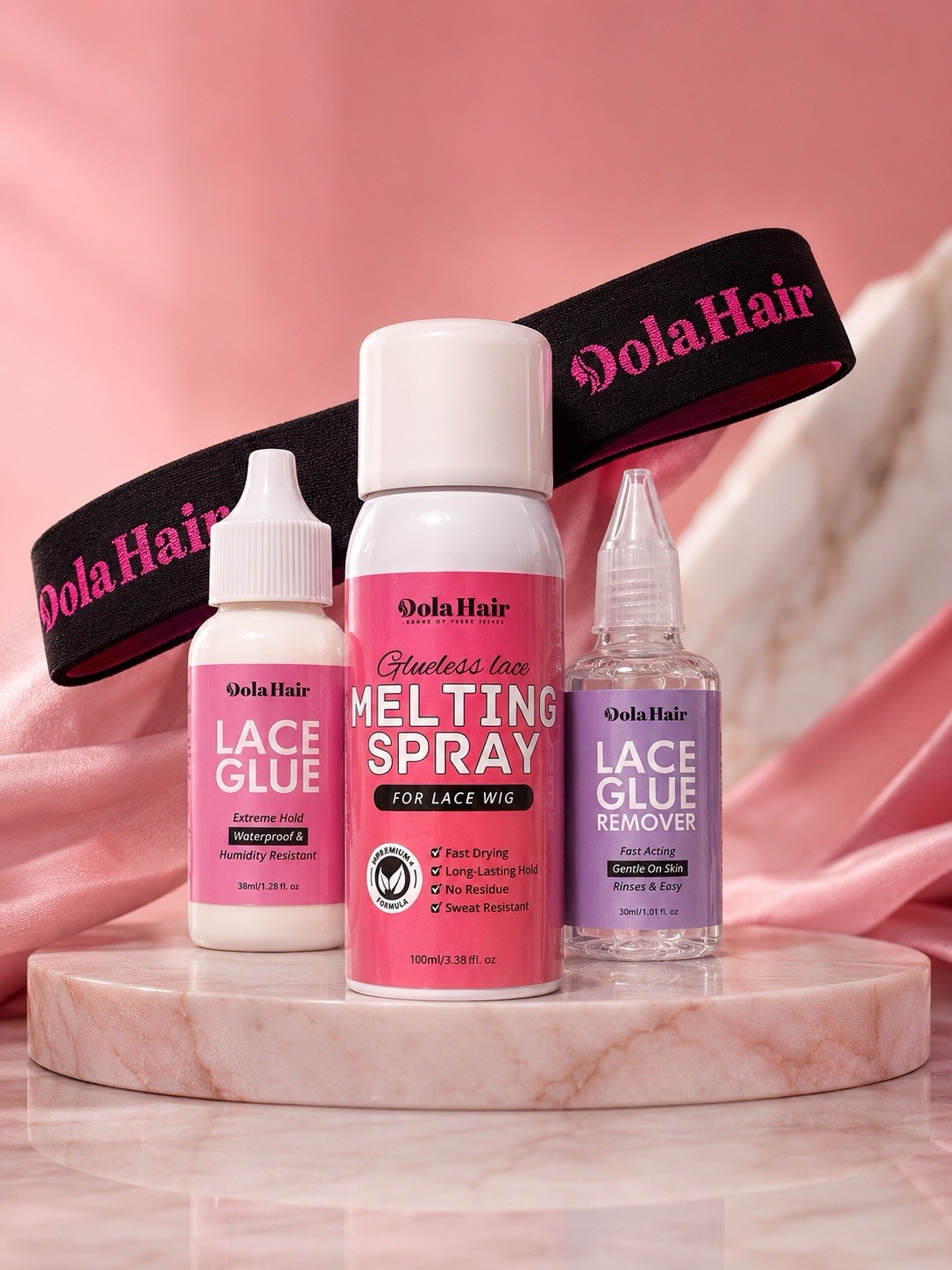 Dola Hair 4-Piece Lace Wig Install Kit – Glue + Melting Spray + Remover + Band