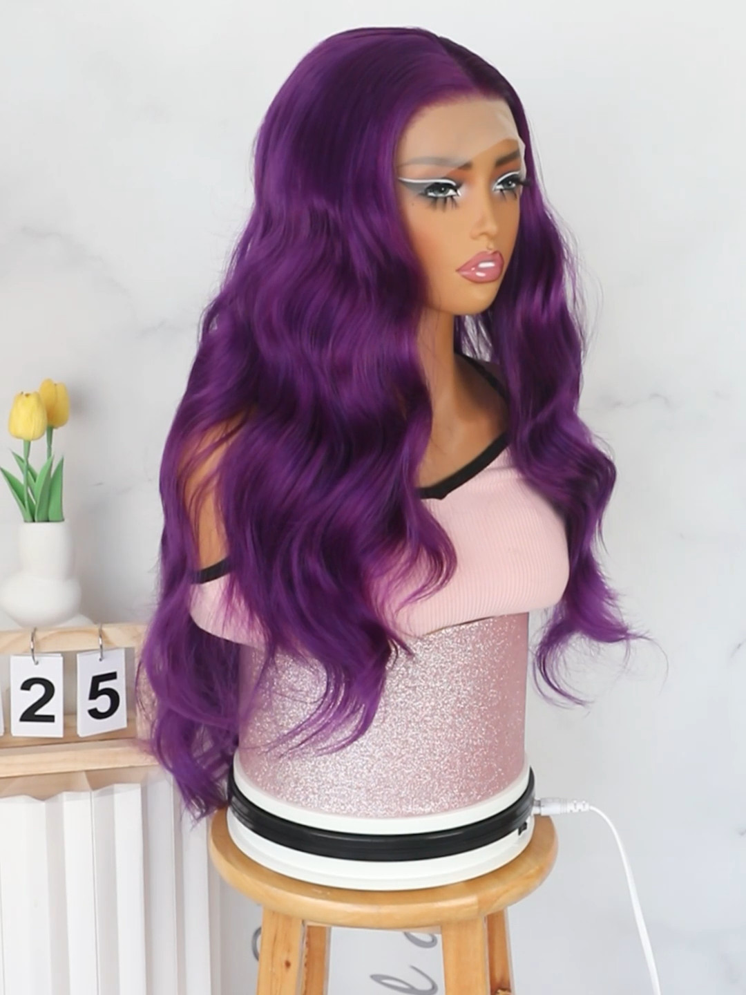 Frontal Lace Wigs Long Wavy Purple Hair Heat Resistant Soft Pre Plucked Hairline