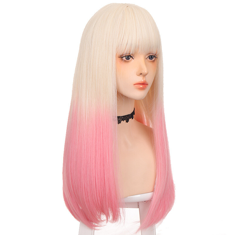 Cosplay Wig Women Straight Hair Light Gold Pink Gradient Hair Wig Lolita Wig