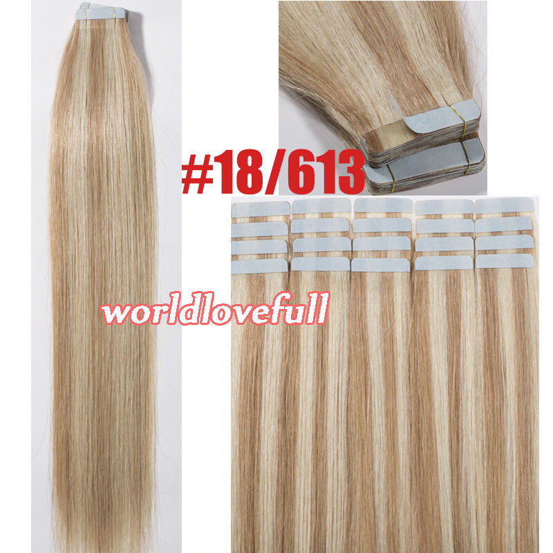 Durable Tape In Remy Human Hair Extensions Skin Weft Ombre Highlight 20-40pieces