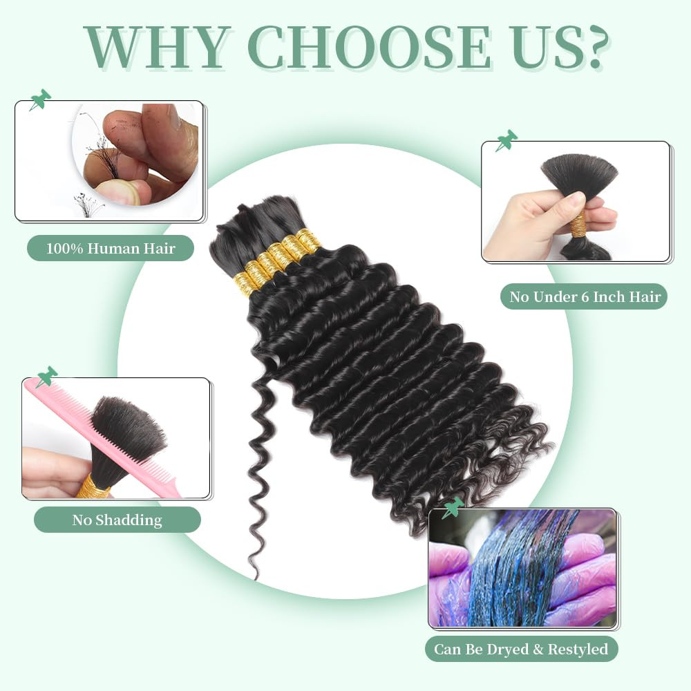 Human Braiding Hair for Boho Braids 150G 6 Bundles/Pack 20 Inch Deep Wave Bulk H