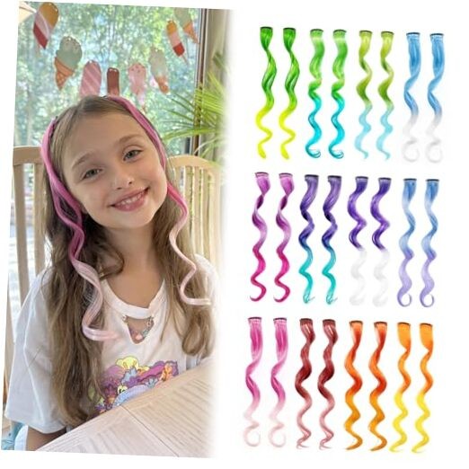 Mix Colored Hair Extensions for Kids, Girls Clip In Rainbow Multi Colors D