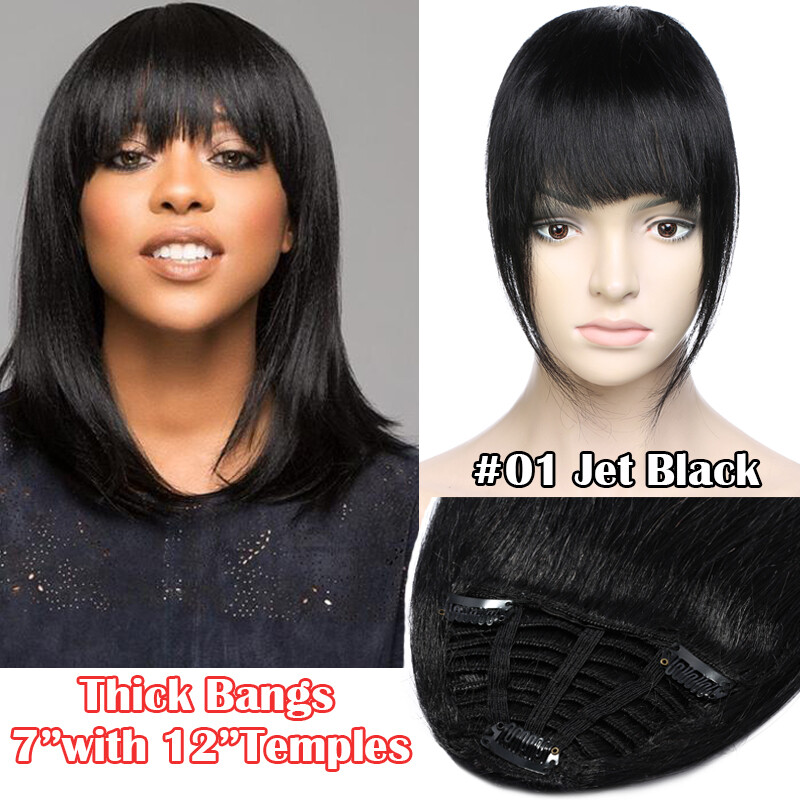 Remy Human Hair False Air Bangs Neat Fringe Hairpiece Clip in Front Hairpiece US