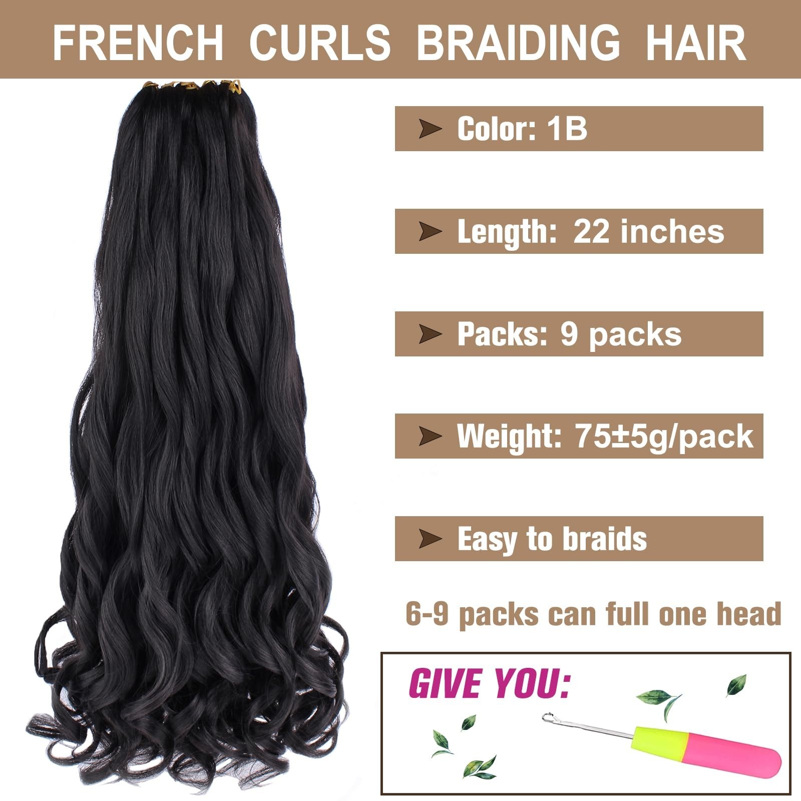 75g French Curl Braiding Hair 22″ Natural Black Pre-Stretched Loose Wavy Crochet