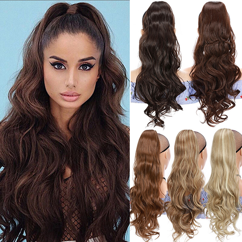 24″ Curly Wavy 200g Thick Ponytail Hair Drawsting Clip in Hair Extensions Woman