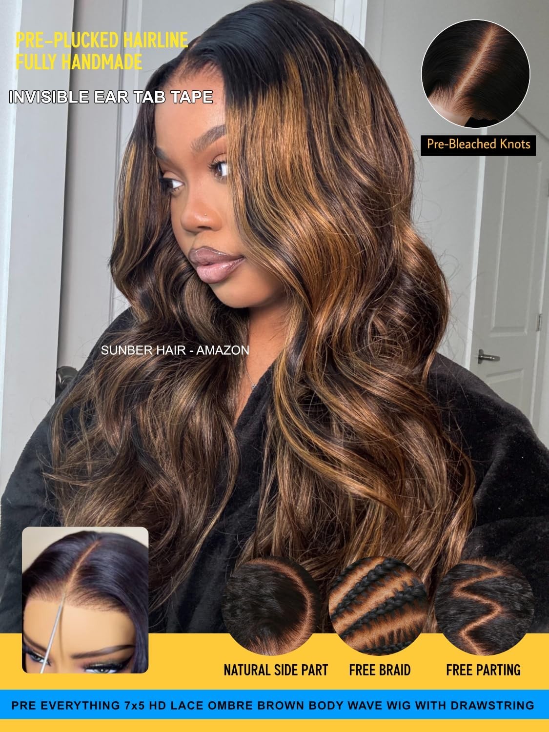 16-Inch Ombre Brown Body Wave Glueless Balayage Wig – HD Lace Front, 150% Densit