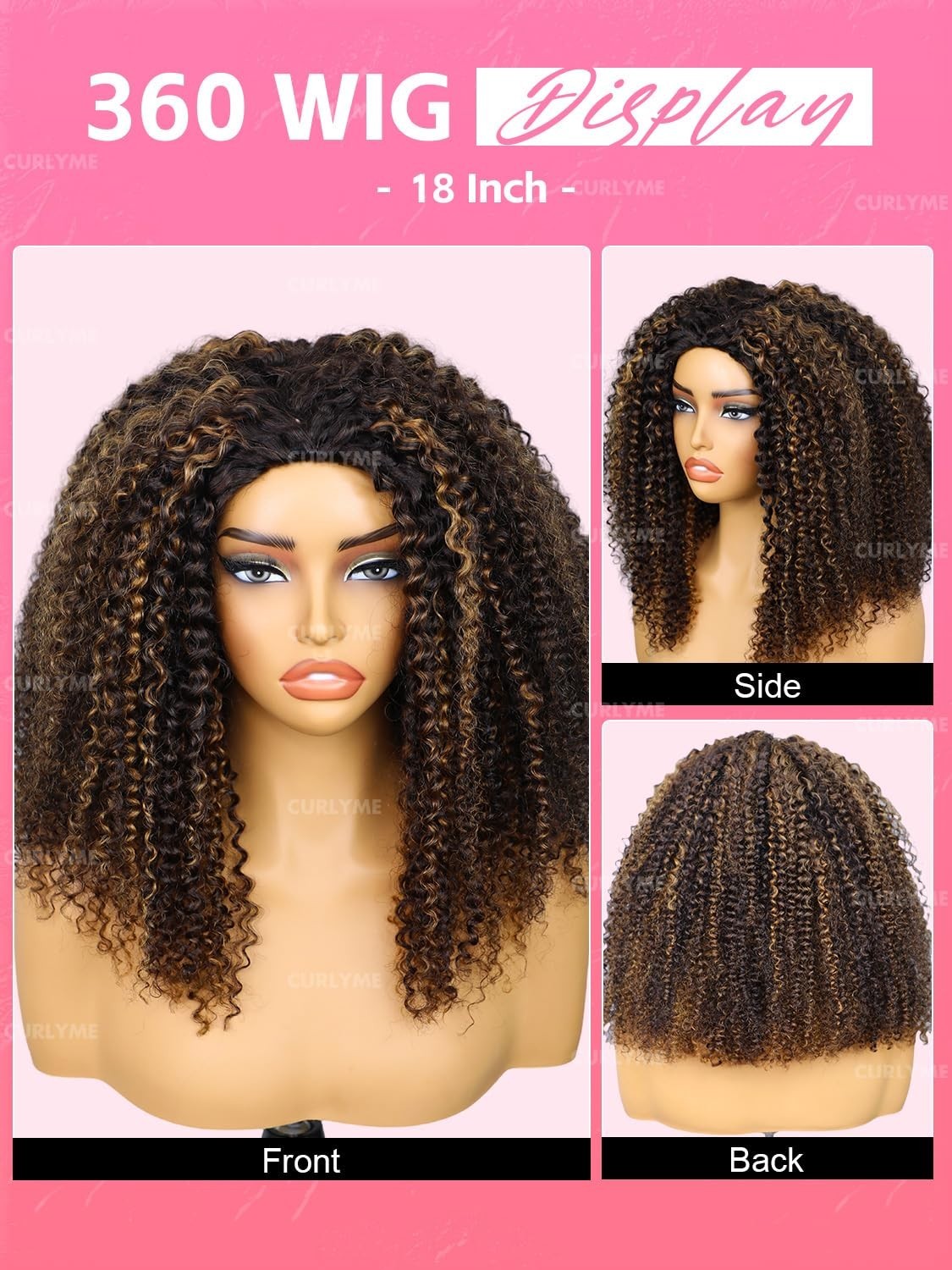 Kinky Curly Half Wig 20″ Honey Brown Ombre Human Hair Glueless Flexible Fit 3-in