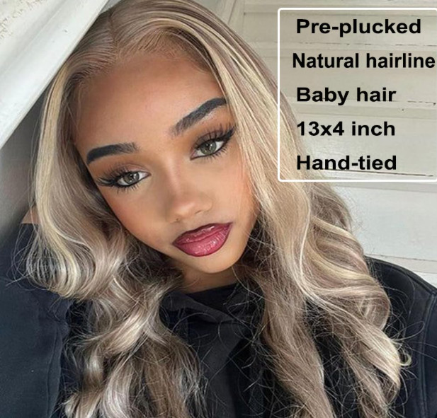 Ash Blonde Highlight Lace Front Wig 13×4 Glueless Wavy 24 Inch Ombre