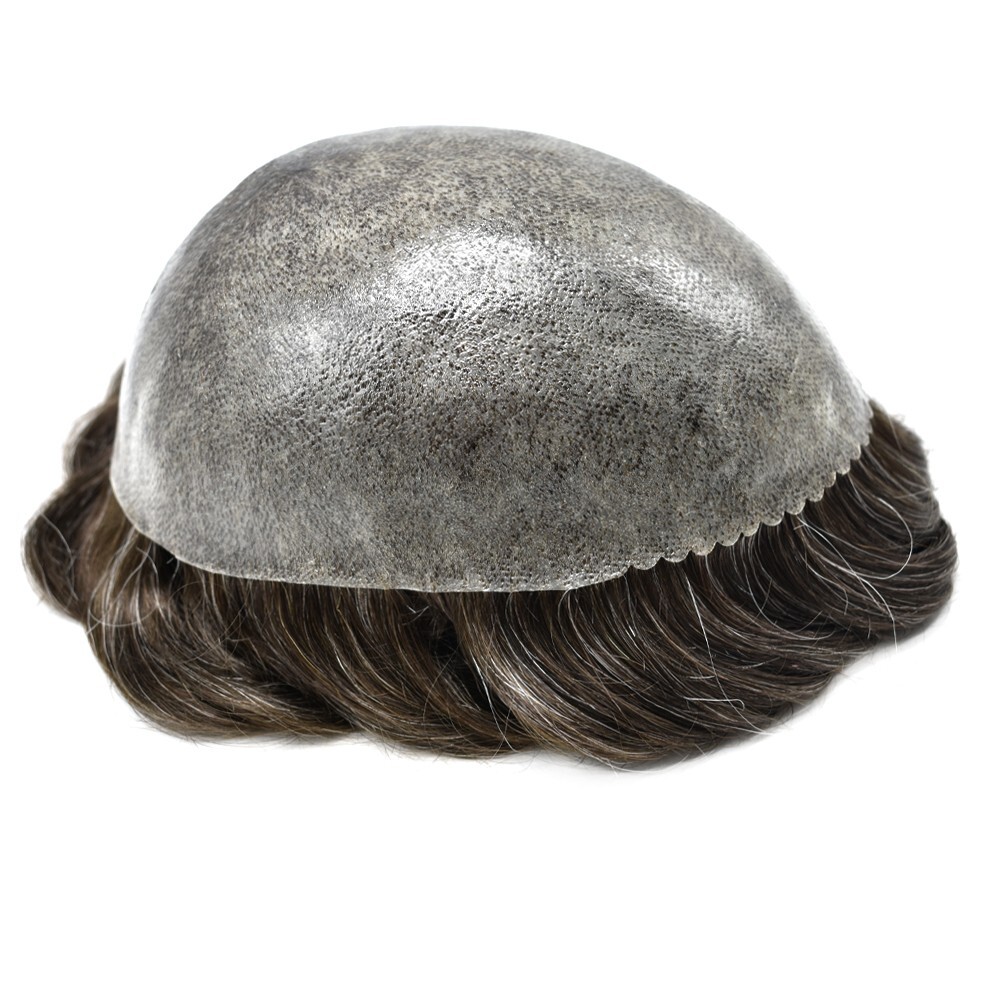 All PU Mens Toupee Human Hair Replacement System Skin PU Grey Brown Hairpiece