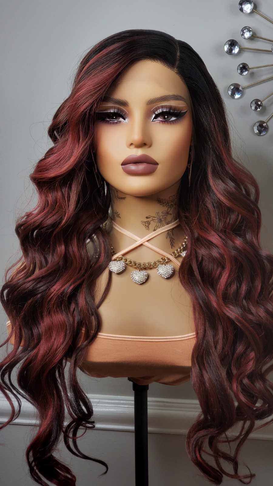 New Long Wavy Red Burgundy Wine Lace Front Wig Curly Style Womens Fashion Hair