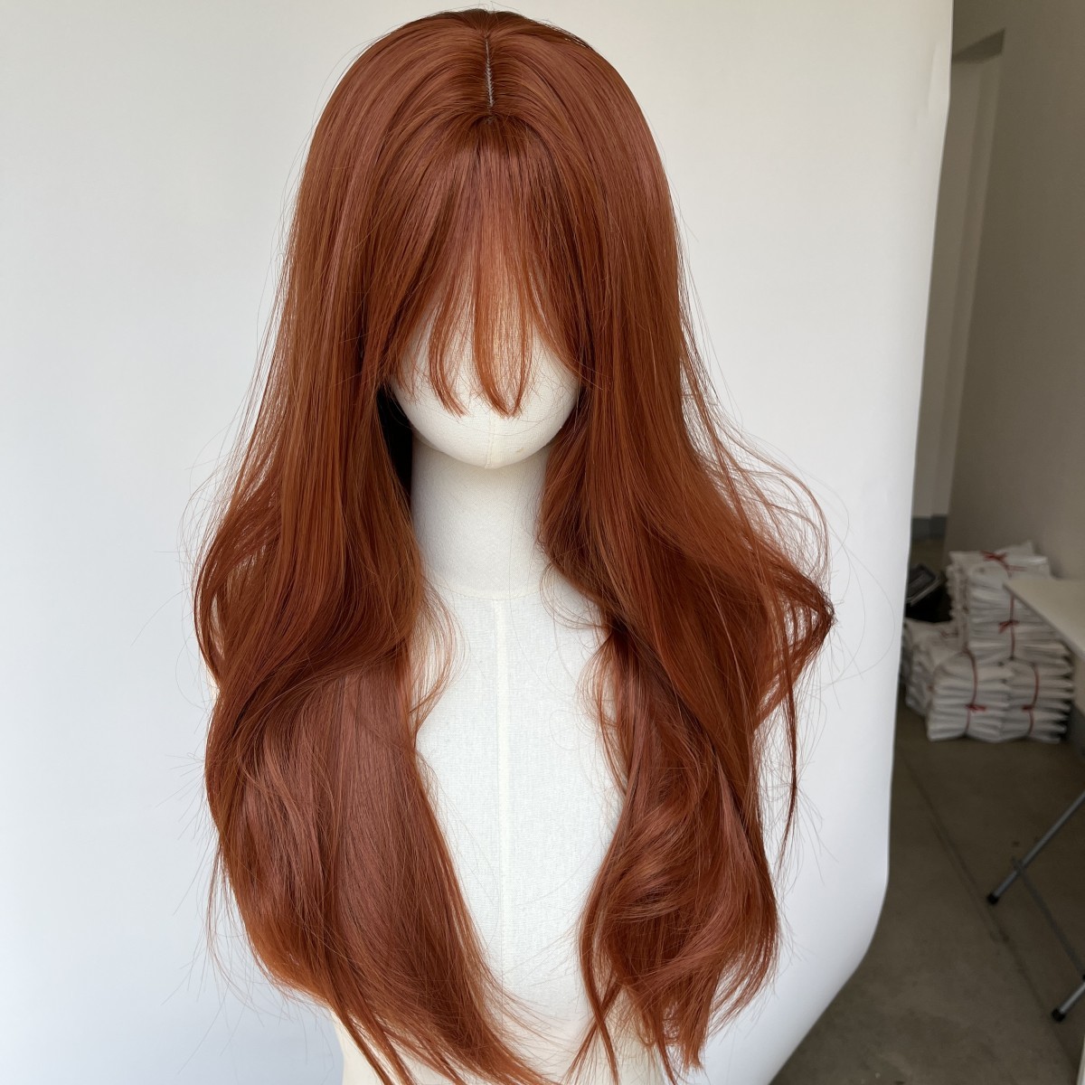 Copper Red Cosplay Party Wigs With Bangs Long Straight Synthetic Hair