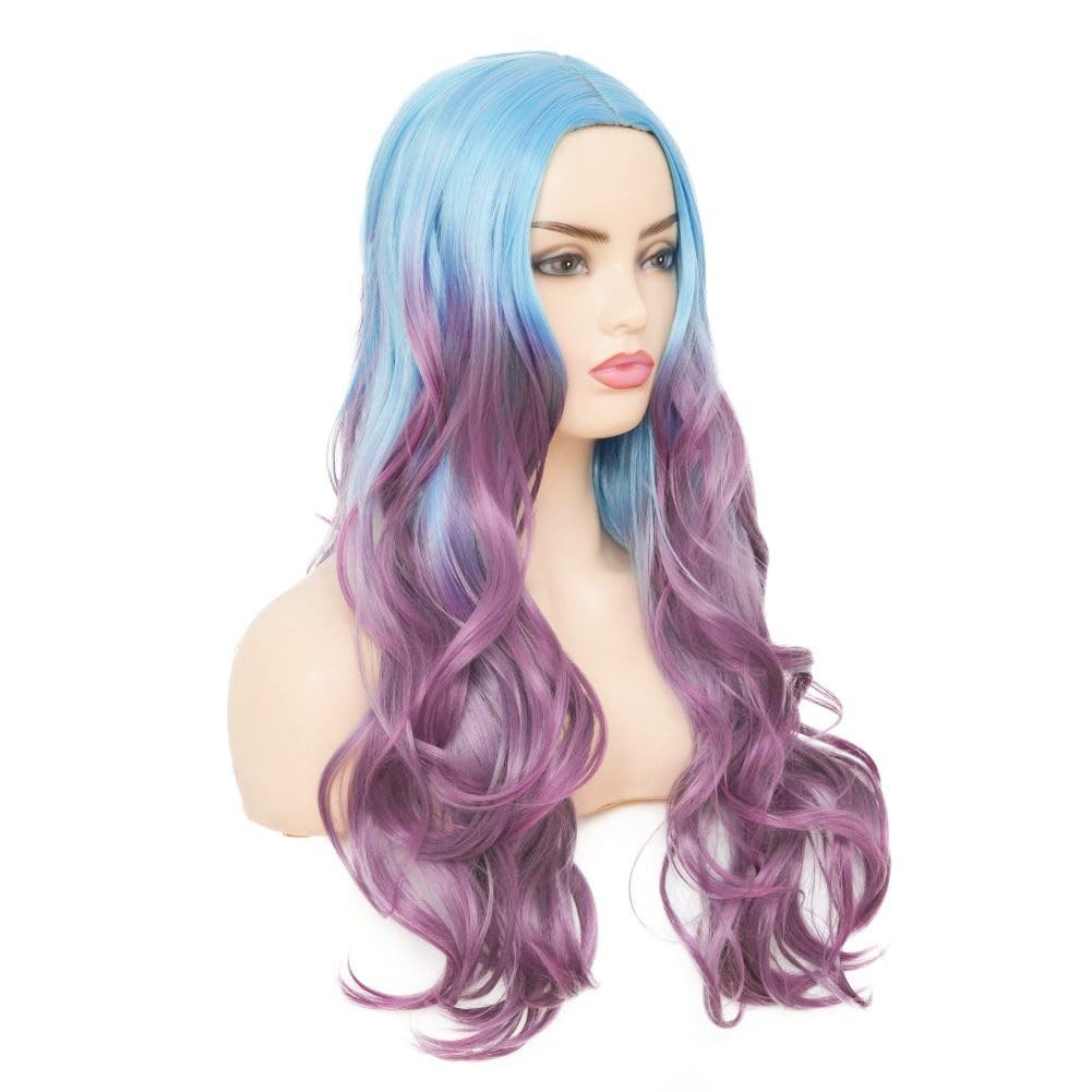 Long Curly Wave Ombre Purple Wig for Women Blue To Purple Hair Wigs Middle Pa…
