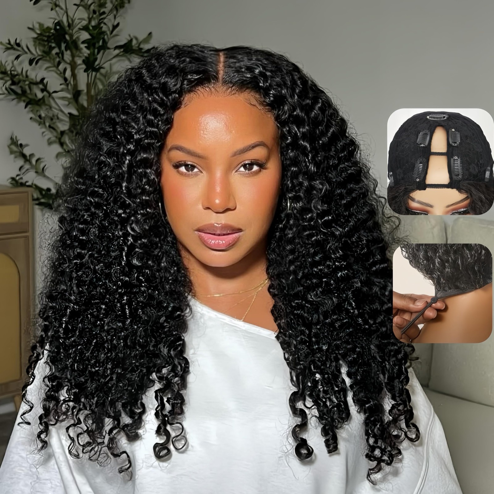 30 Inch V Part Curly Human Hair Wig – 200% Density, Glueless, Clip-In, No Leave