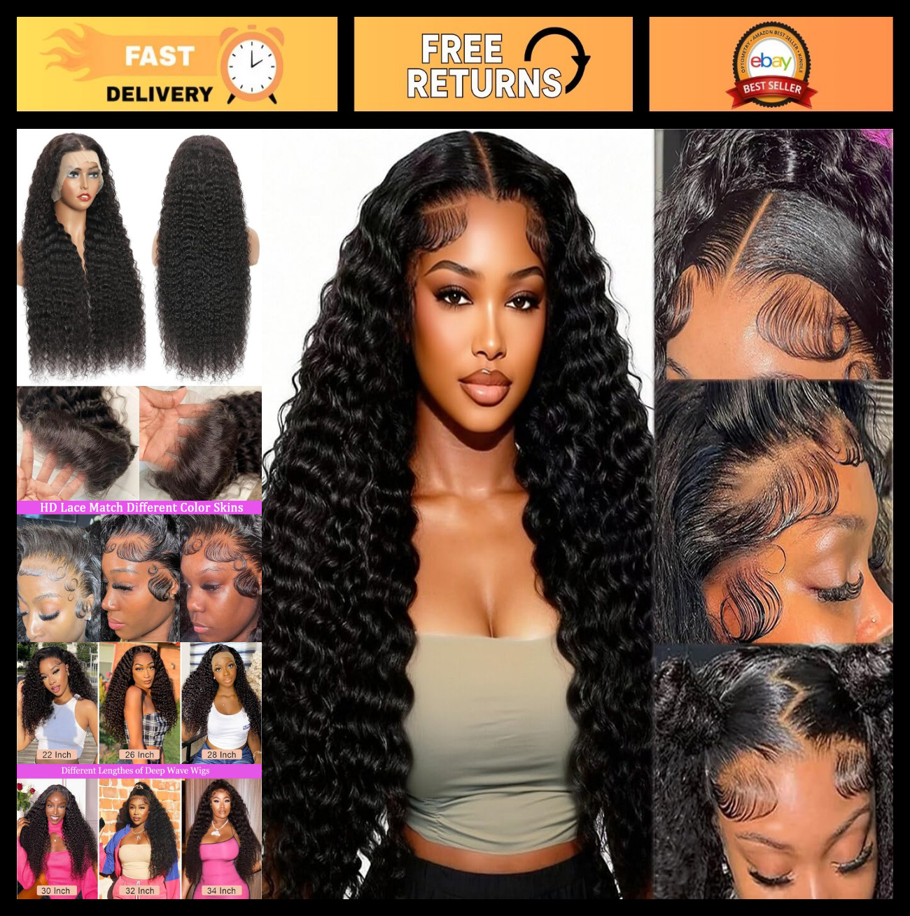 30″ Deep Wave Lace Front Wig – 200 Density, HD Transparent, Pre-Plucked Curly Ha