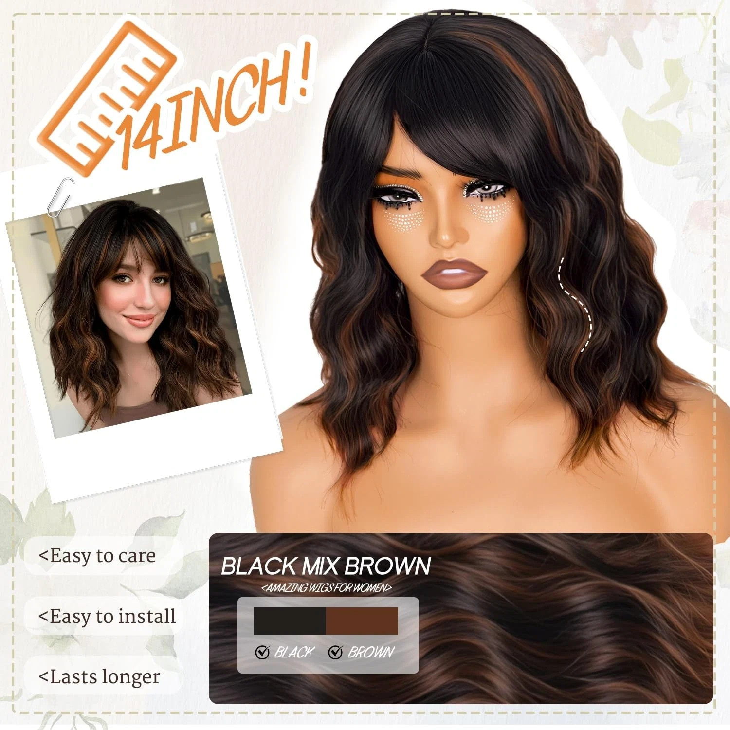 14″ Black Mixed Brown Wig with Bangs Short Wavy Bob Wigs for Women Synthetic