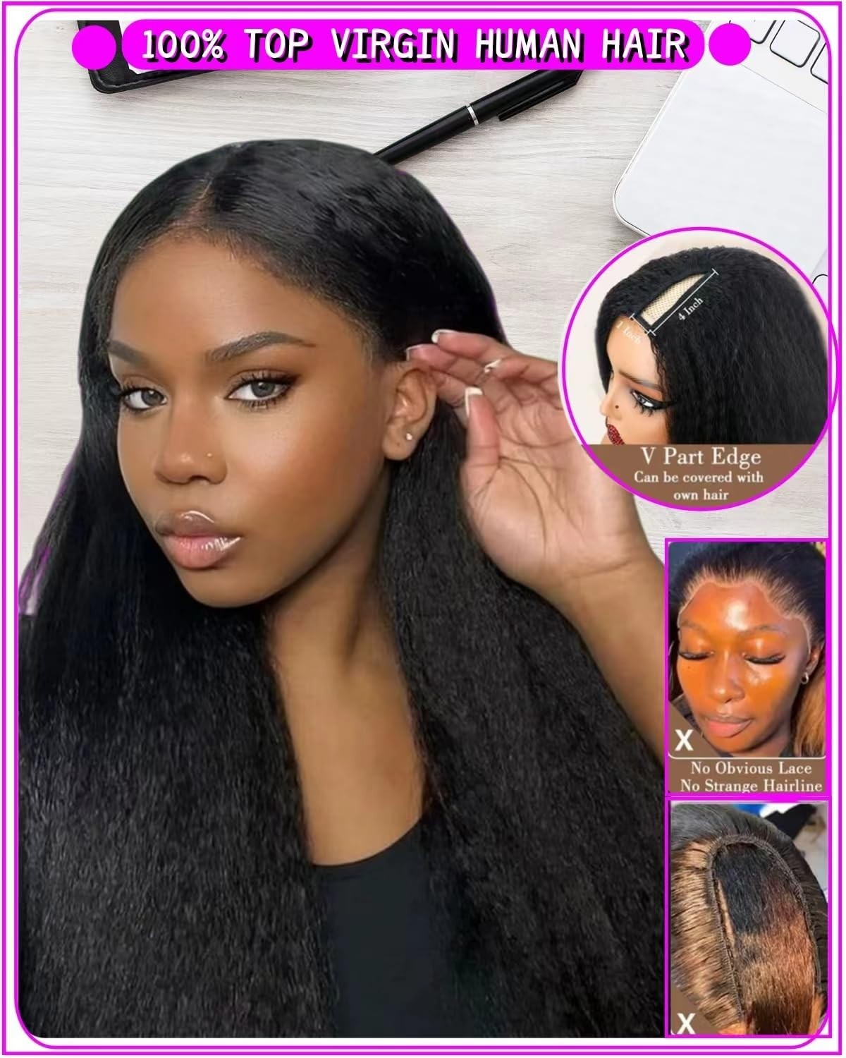 22″ V Part Kinky Straight Human Hair Wig – 200% Density, Glueless, Clip-In, Natu