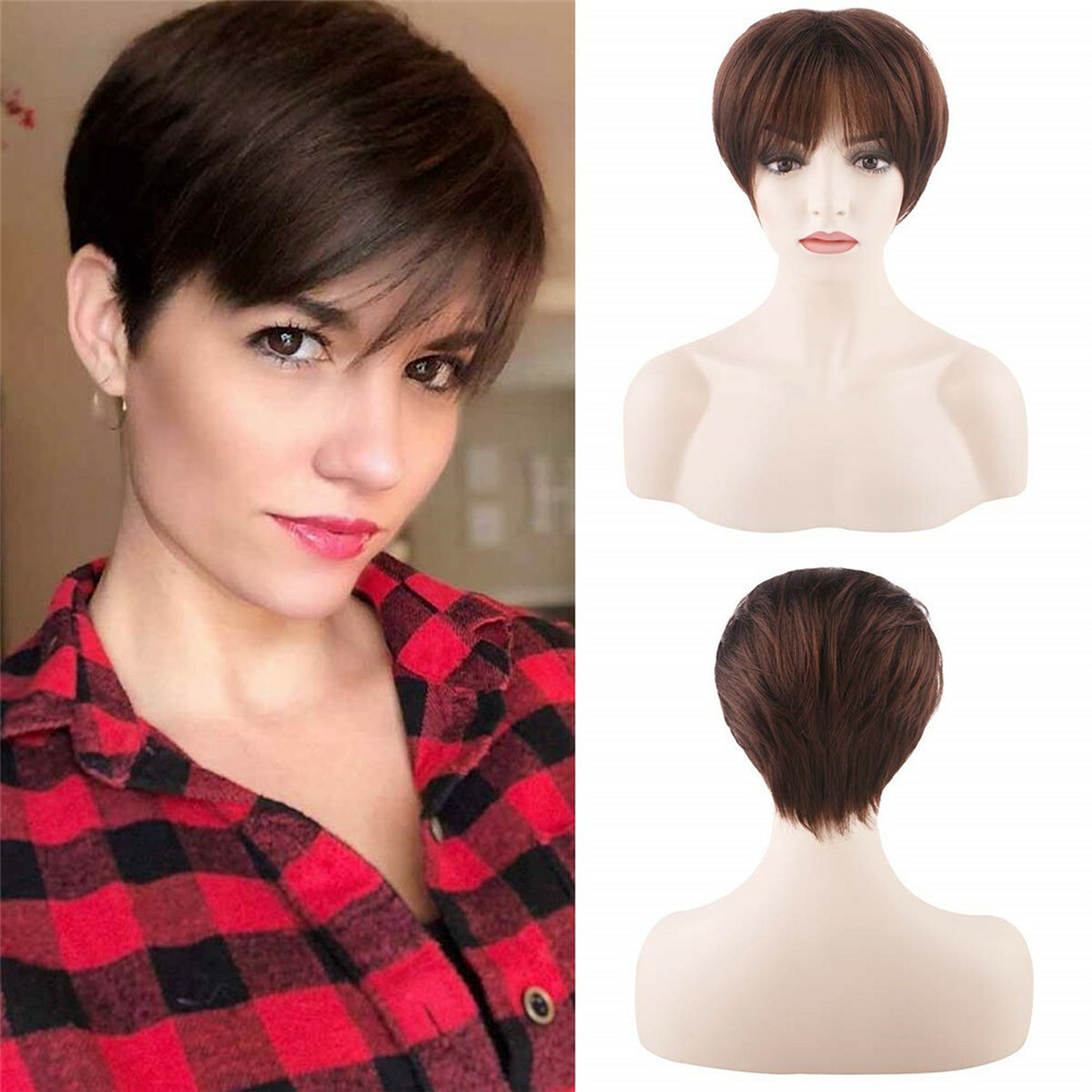 Women Short Pixie Cut Real Human Hair Wigs Dark Brown Straight Hair Short Wigs