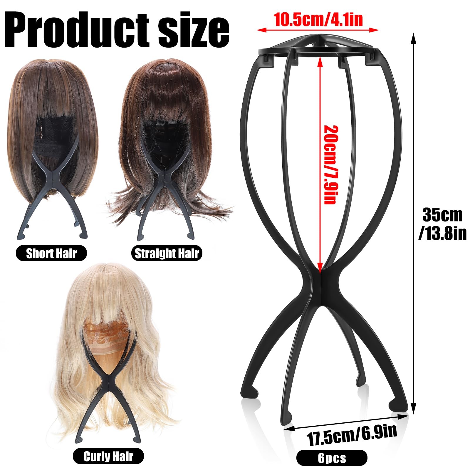 obeoby Wig Stand, Portable Holder Head Stand for All Wigs Black,6Pack