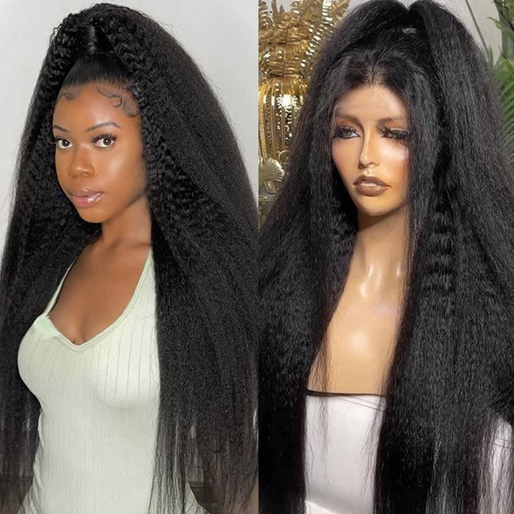 Kinky Straight Natural Long Black Hair Lace Front Wigs Heat Resistant Glueless