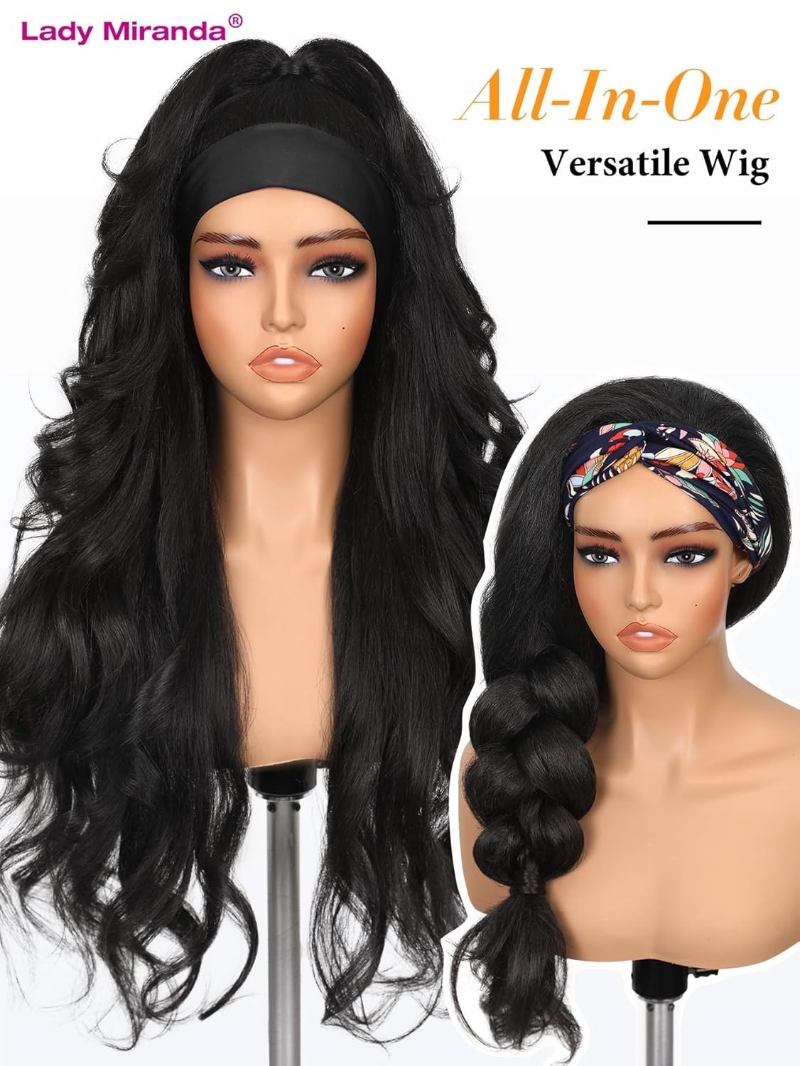 Yaki Wavy Headband Wig for Black Women Layered Filp 26in (Flower Headband) #1B