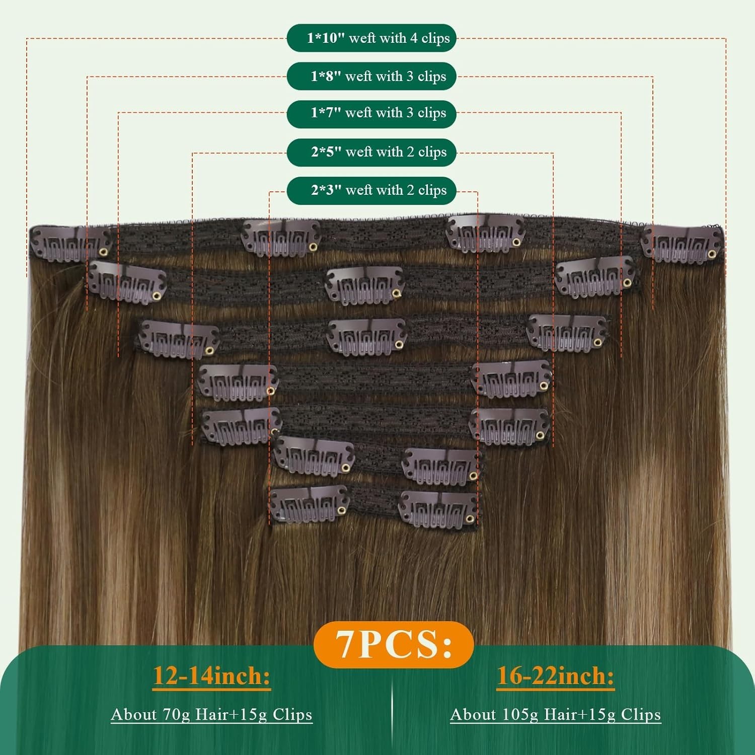 Easyouth CLIP-IN 14″ Dark Brown Fading – Caramel Human Hair Extensions CP 4-4-27