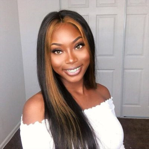 Blonde Skunk Stripe Highlight Long Straight Black Wigs Lace Front Wigs Glueless