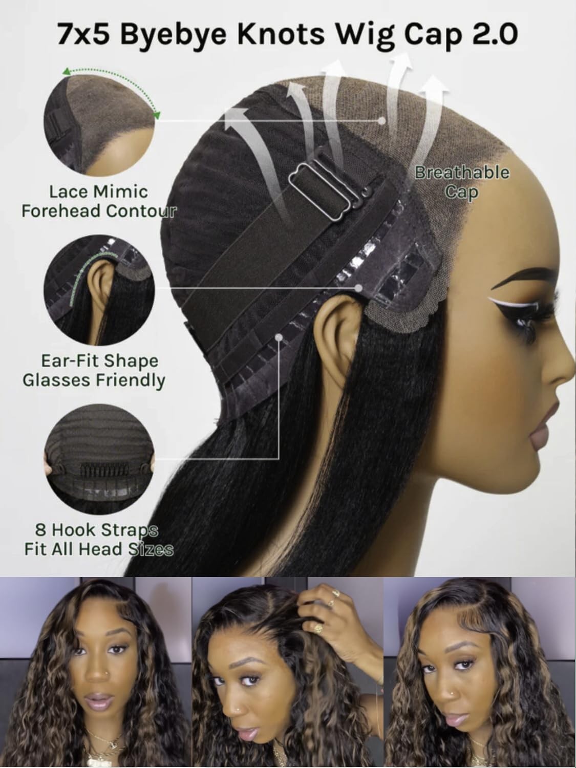Klaiyi Golden Brown Water Wave Bye Bye Knots Glueless Wig Human Hair Highlight