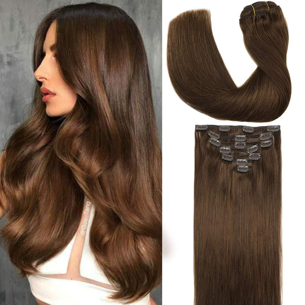 Clip in Hair Extensions Real Human Hair Durable Clip-on Sewn Wefts Hair 8pieces